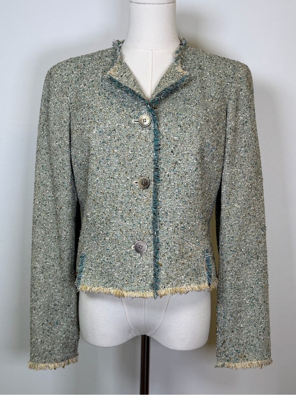 Jones New York | Teal Tweed Jacket Fringe Trim Cotton Blend Women’s Size 6